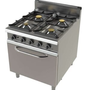Cocina a gas con horno GN2/1 de 4 fuegos 4,3+8,3+10+8,3 Kw Serie 900 JUNEX con medidas 800x900x900h mm FO9C401