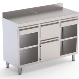 Mueble Cafetero Acero Inoxidable Con Tolva Central, 2 Estante, 1 Puerta y 2 Cajones 1500x600x1050h mm CST60150D2S