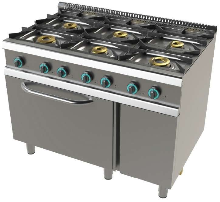 Cocina a gas con horno GN2/1 de 6 fuegos 2x8+4,5+3x6 Kw SerIe 700 JUNEX con medidas 1200x730x900h mm FO7N601