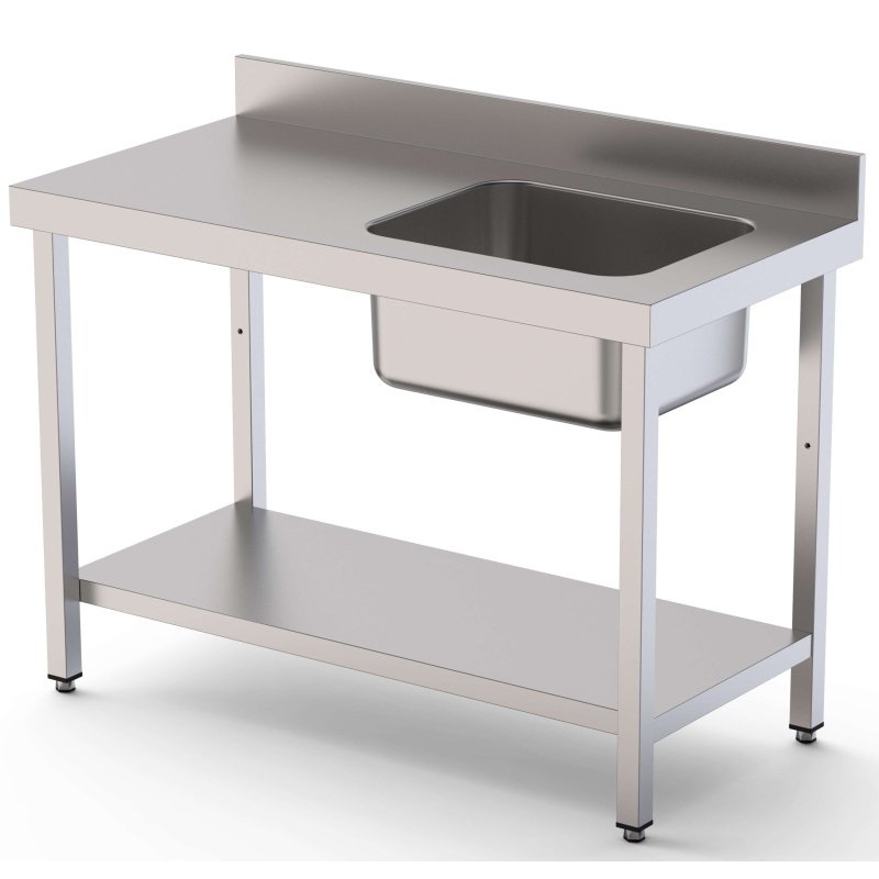 Mesa de Trabajo Acero Inoxidable Mural Con Estante y Con Cubeta a la Derecha 1200x600x850h mm WTW16012RB1