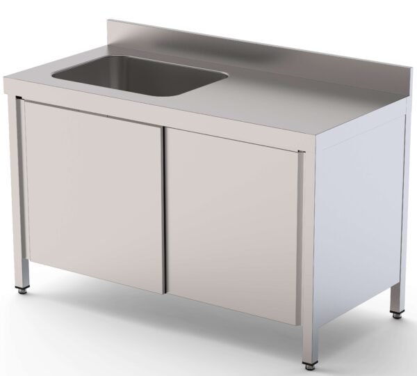 Mesa de Trabajo Acero Inoxidable Mural Con Puertas y Con Cubeta a la Izquierda 2000x700x850h mm WTW17020LBSD