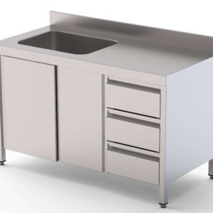 Mesa de Trabajo Acero Inoxidable Mural Con Puertas y Con Cubeta a la Izquierda y Cajones 1400x600x850h mm WTW16014LBSDDR