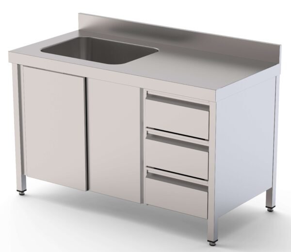 Mesa de Trabajo Acero Inoxidable Mural Con Puertas y Con Cubeta a la Izquierda y Cajones 1800x700x850h mm WTW17018LBSDDR