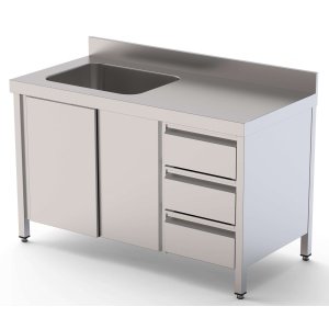 Mesa de Trabajo Acero Inoxidable Mural Con Puertas y Con Cubeta a la Izquierda y Cajones 1400x600x850h mm WTW16014LBSDDR