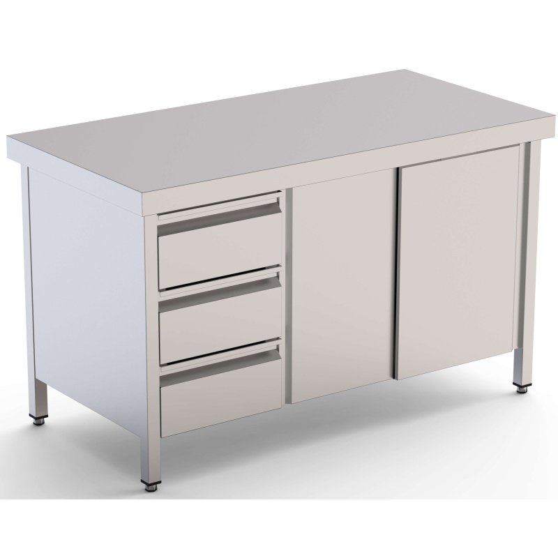 Mesa de Trabajo Acero Inoxidable Central Con Cajones a la Izquierda 2200x700x850h mm WTC17022DDL