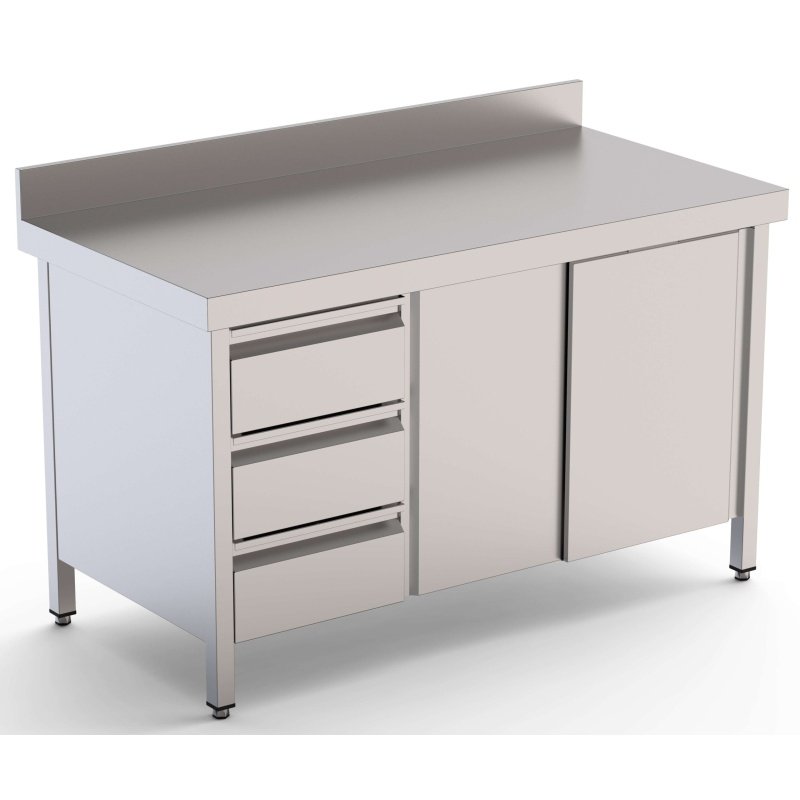 Mesa de Trabajo Acero Inoxidable Mural Con Cajones a la Izquierda 2200x700x850h mm WTW17022DDL