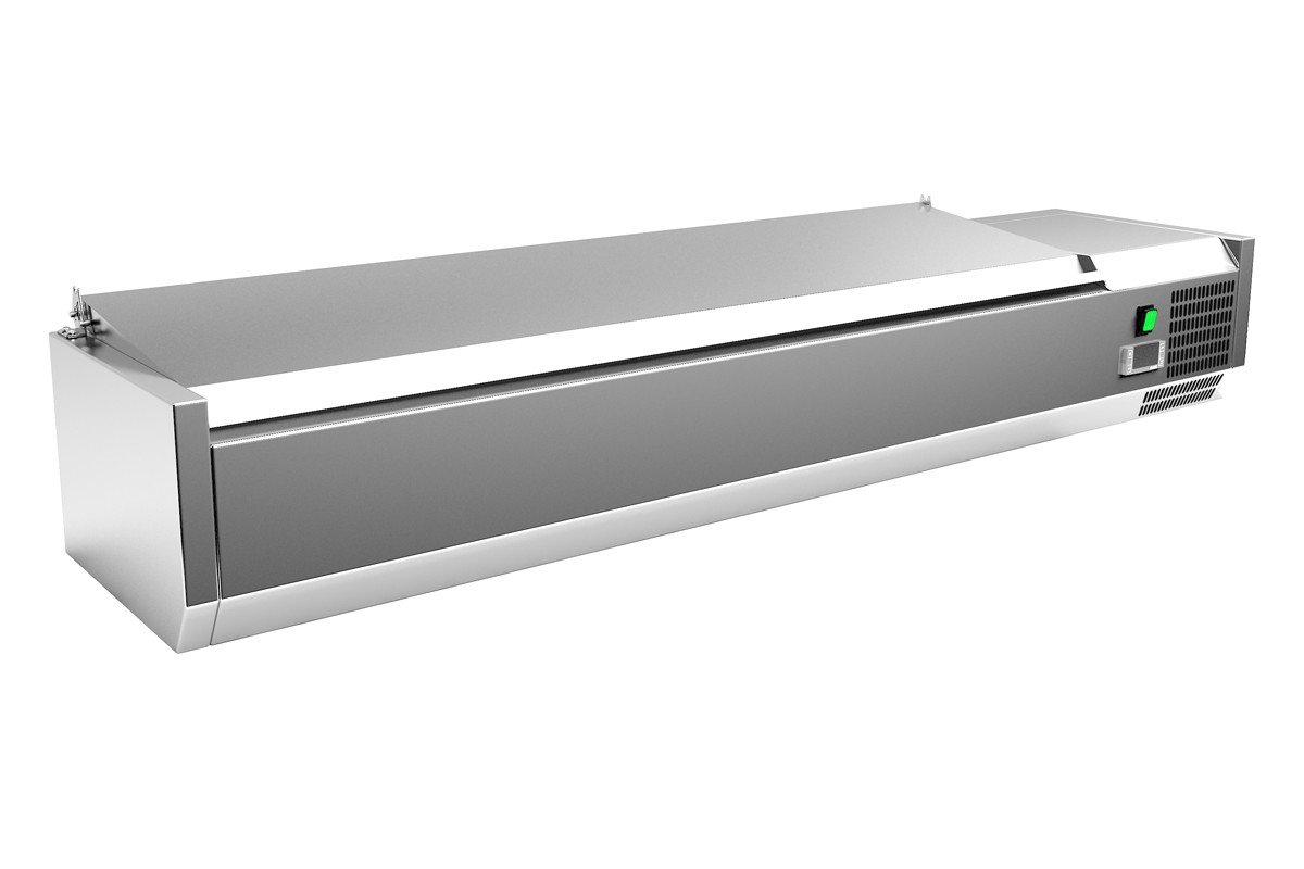 Vitrina 5 cubetas GN1/3 + 1 cubeta GN1/2 con TAPA de 1500 x395x270h mm PEKIN VRX1500380SL